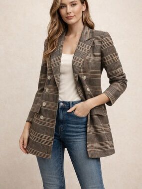 Plaid Double Breasted Blazer WomenXS Brown Orange Preppy Work Office Chic Jacket